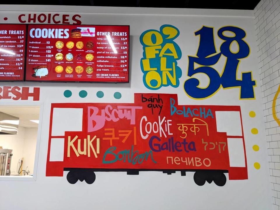 The O’Fallon caboose is depicted on the wall of Hot Box Cookies in O’Fallon.