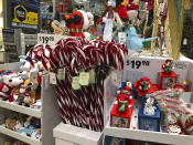 Candy canes and music boxes stand on a holiday display in a Lowe's store Friday, Oct. 2, 2020, in Northglenn, Colo. Add last-minute holiday shopping to the list of time-honored traditions being upended by the coronavirus pandemic. Retailers are kicking off the holiday season earlier than ever this year in hopes of avoiding big in-store crowds and shipping bottlenecks in November and December. (AP Photo/David Zalubowski)