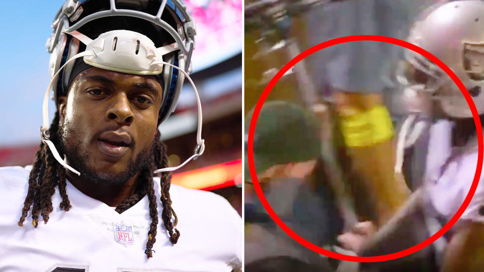 Davante Adams has found himself in hot water after shoving a cameraman during the Raiders' NFL game against the Chiefs. Pic: Getty/Twitter