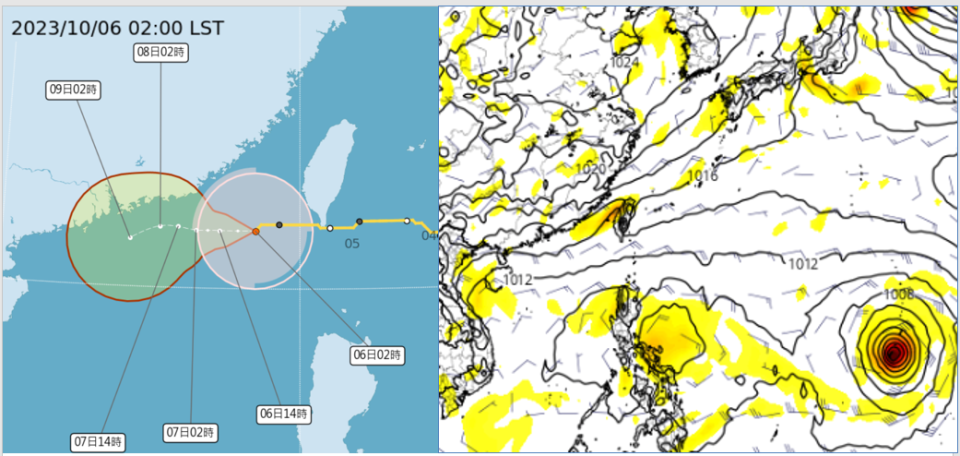 <strong>6日2時中央氣象署「路徑潛勢預測圖」（圖左）顯示，小犬在墾丁西方海面，持續偏西移動，漸行漸遠。最新（5日20時）歐洲ECMWF模式10日20時模擬圖（圖右）顯示，熱帶擾動在呂宋島東側發展，另一擾動在關島附近醞釀。（圖／中央氣象署、tropical tidbits）</strong>
