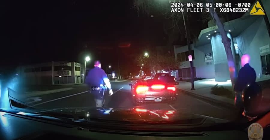 Police pull over the Lamborghini Huracán on April 6, 2024. (Los Angeles Police Department)