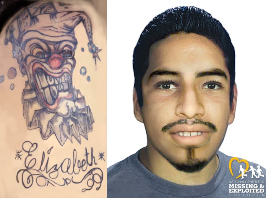 A large "killer clown" tattoo on his upper right arm, with the name Elizabeth added underneath it and the NCMEC reconstruction of the decedent when alive. (Credit: NYC Office of Chief Medical Examiner)