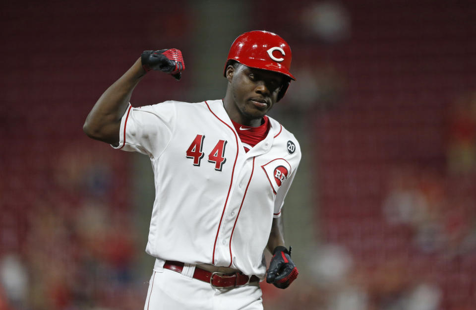 Reds rookie outfielder Aristides Aquino sets another home run record. (AP Photo/Gary Landers)