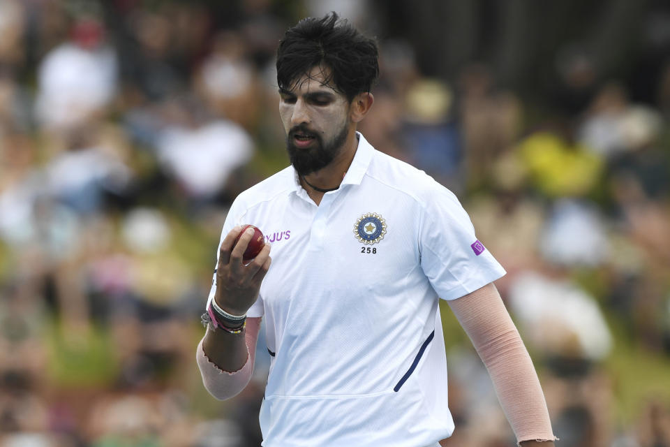 India's Ishant Sharma checks the ball to bowl against New Zealand during the first cricket test between India and New Zealand at the Basin Reserve in Wellington, New Zealand, Saturday, Feb. 22, 2020. (AP Photo/Ross Setford)