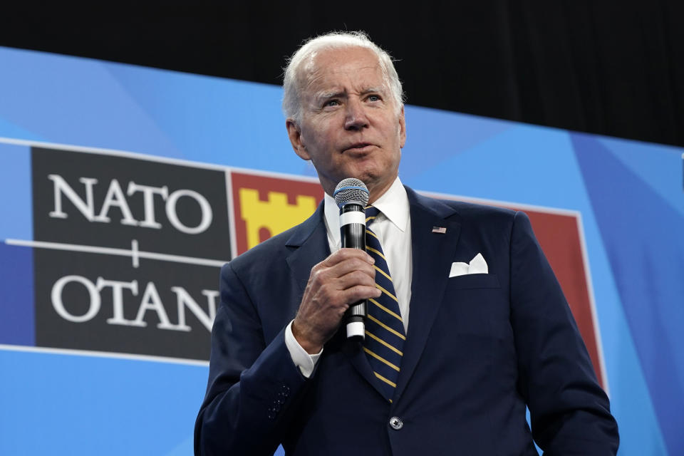 FILE - President Joe Biden speaks during a news conference on the final day of the NATO summit in Madrid, June 30, 2022. Biden will spend four days in three nations next week as he travels through Europe tending to alliances that have been tested by Russia's invasion of Ukraine. The centerpiece of the trip will be the annual NATO summit, this year in the Lithuanian capital of Vilnius. (AP Photo/Susan Walsh, File)