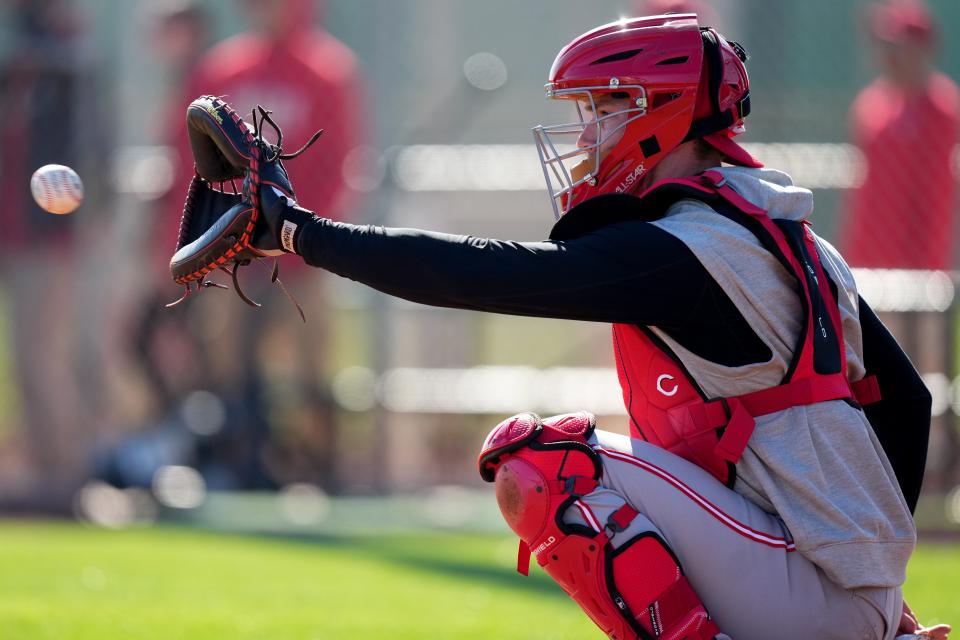 Cincinnati Reds catcher Tyler Stephenson (37) receives a pitch during spring training workouts, Wednesday, Feb. 14, 2024, at the team’s spring training facility in Goodyear, Ariz.