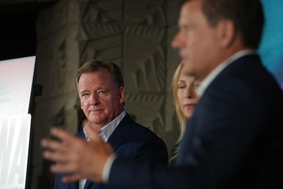 NFL Commissioner Roger Goodell, CEO at Arizona Super Bowl Host Committee Jay Parry and Arizona Cardinals President Michael Bidwill speak during a news conference for Super Bowl LVII at the Arizona Biltmore on Wednesday, Oct. 26, 2022. 