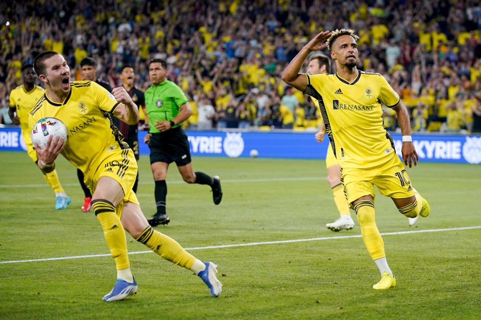 Nashville SC midfielder Hany Mukhtar (10) reacts after scoring a goal against Atlanta United during the second half of a U.S. Open Cup Match at Geodis Park in Nashville, Tenn., Wednesday, May 11, 2022.