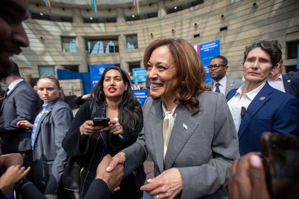 United States Vice President Kamala Harris greets the crowd after speaking at the Charles H. Wright African American museum in Detroit on her nationwide Economic Opportunity Tour on Monday, May 6, 2024.