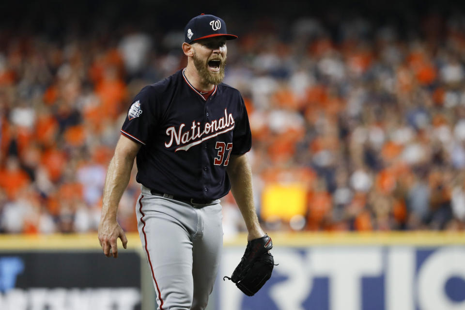 Washington Nationals starting pitcher Stephen Strasburg reacts after the out out in the sixth inning of Game 2 of the baseball World Series against the Houston Astros Wednesday, Oct. 23, 2019, in Houston. (AP Photo/Matt Slocum)