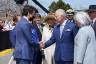 <p>Prince Charles, Prince of Wales and Camilla, Duchess of Cornwall arrive in Canada on May 17, 2022 in St. John's, Newfoundland and Labrador, and meet Canadian Prime Minister Justin Trudeau. The Prince of Wales and Duchess of Cornwall are visiting for three days from May 17 to 19. The tour forms part of Queen Elizabeth II's Platinum Jubilee celebrations. (Photo by Arthur Edwards - Pool/Getty Images)</p> 