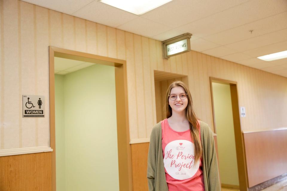 Alison Rickert stands for a photo outside a bank of restrooms in Purdue University's Stewart Center, Thursday, Feb. 6, 2020, in West Lafayette.