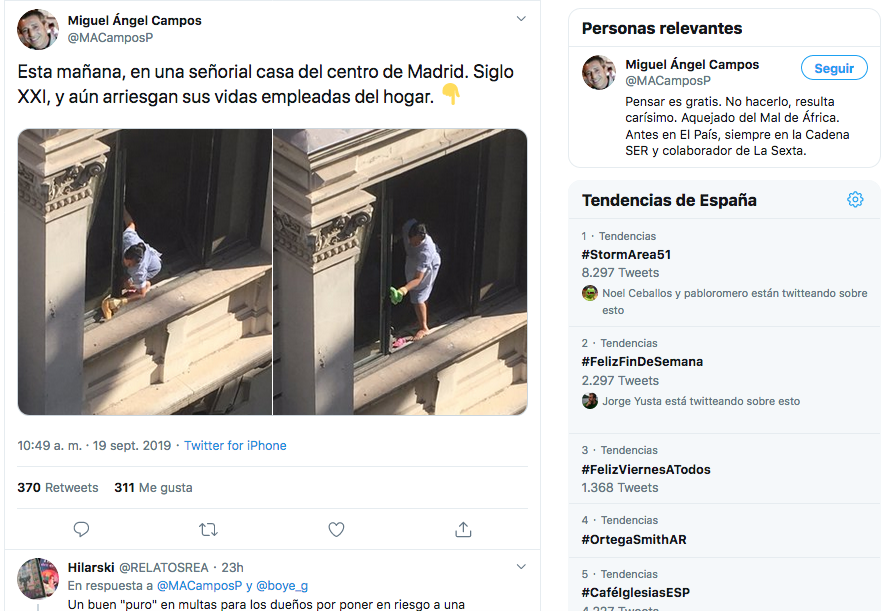 En estas imágenes de una empleada del hogar en el centro de Madrid hay quienes ven una imprudencia por su parte y quienes señalan a los dueños como únicos culpables. (Foto: Captura de Twitter / @MACamposP)