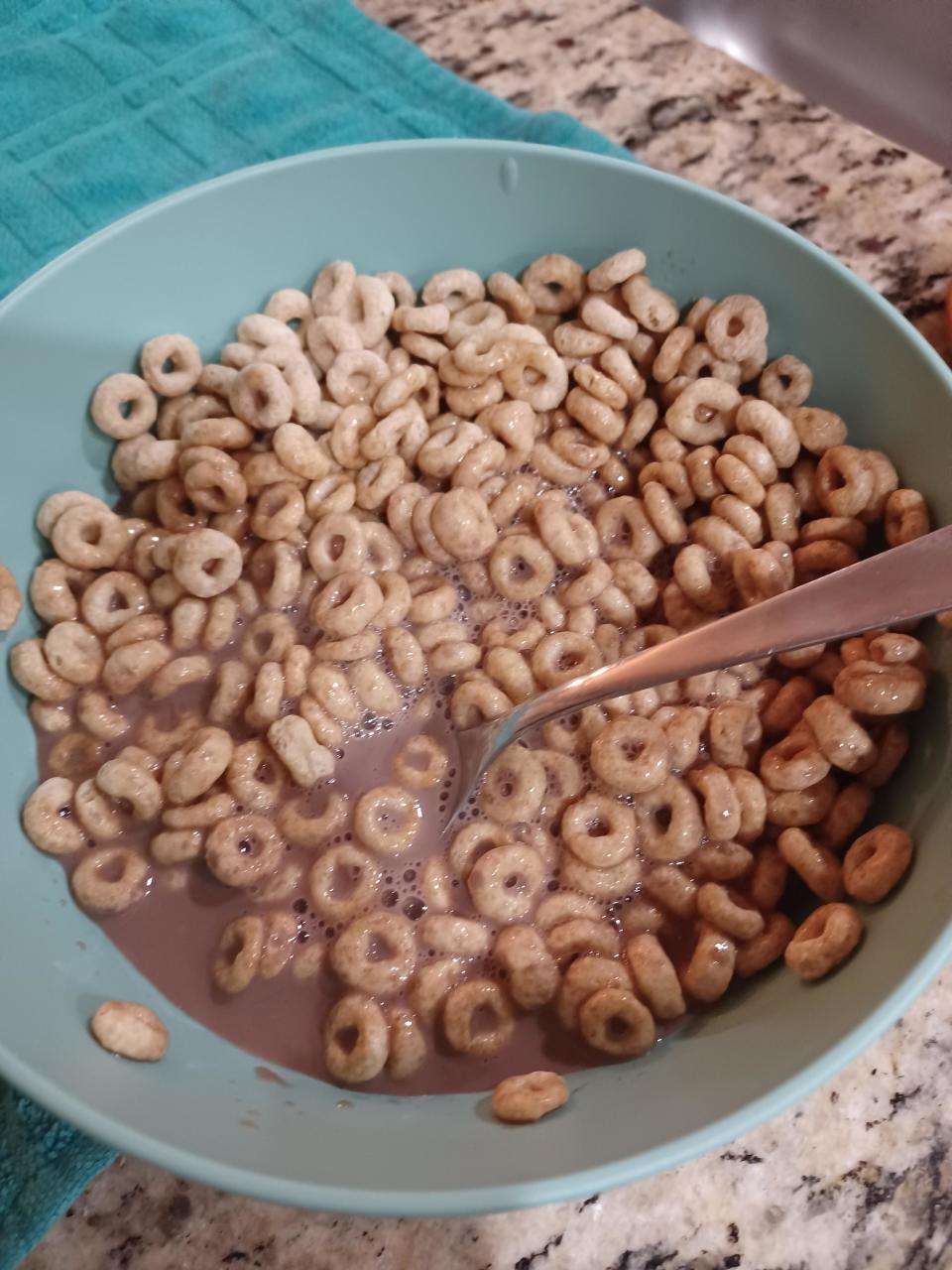 Bowl of cereal with milk on a kitchen counter. A spoon is in the bowl