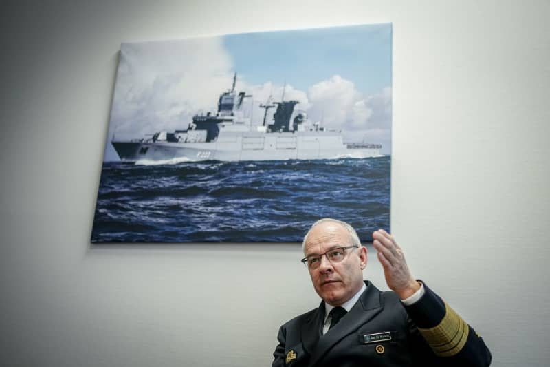 Vice Admiral Jan Christian Kaack, Inspector of the German Navy, speaks during an interview with journalists from the German Press Agency in his office at the Ministry of Defense. Kay Nietfeld/dpa