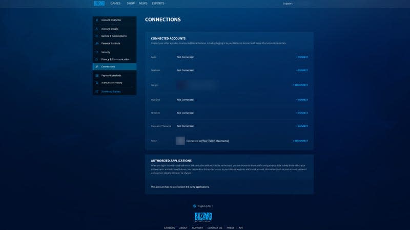 A screenshot of a menu on Battle.net shows a linked Twitch account. 