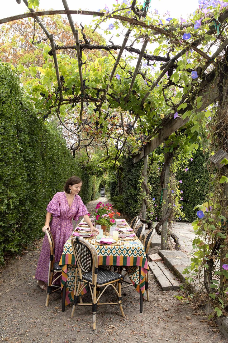 <p>At her new home in Sonoma, California, Chairish co-founder and president Anna Brockway sets a "classic California table," alive with organic craft and and electric color—and of course layered with vintage finds. Tablecloth, <a href="https://www.lisacorti.com/en/" rel="nofollow noopener" target="_blank" data-ylk="slk:lisacorti.com" class="link ">lisacorti.com</a></p>