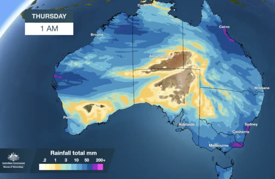 Most of the country will get wet this week due to a series of cold fronts and a thick cloud band. Source: Twitter/Bureau of Meteorology, Australia