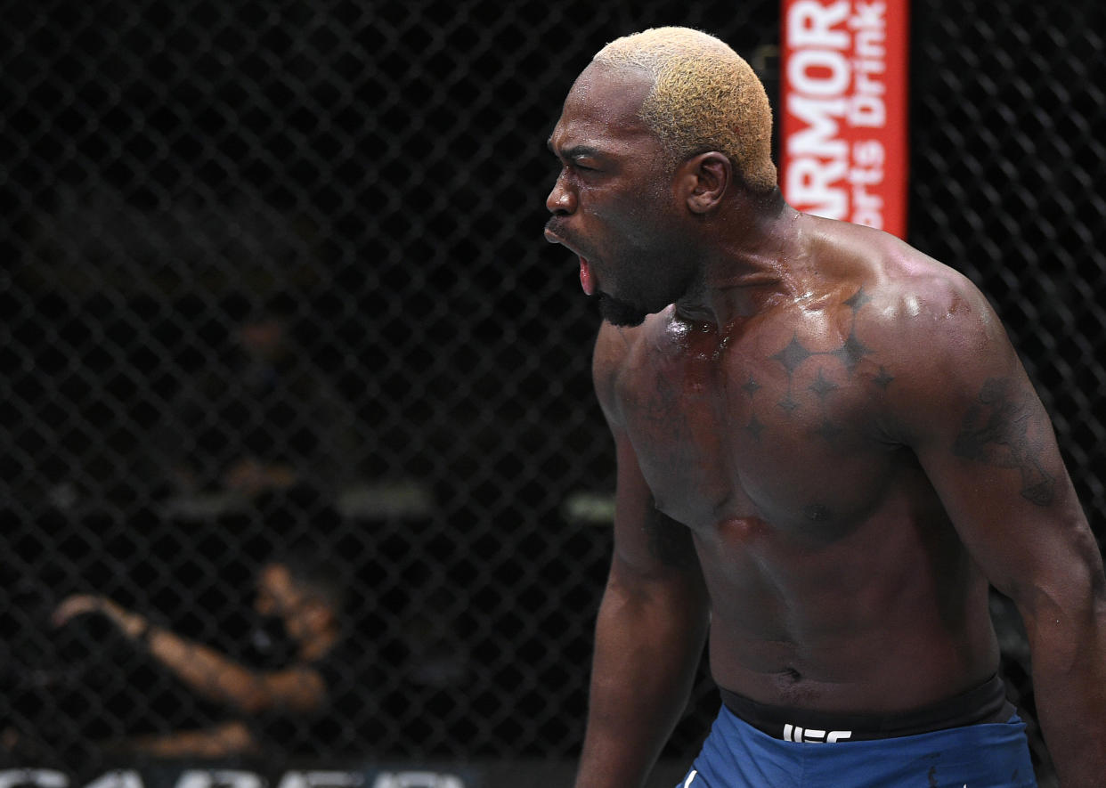 LAS VEGAS, NEVADA - AUGUST 01: Derek Brunson celebrates after his TKO victory over Edmen Shahbazyan in their middleweight fight during the UFC Fight Night event at UFC APEX on August 01, 2020 in Las Vegas, Nevada. (Photo by Chris Unger/Zuffa LLC via Getty Images)