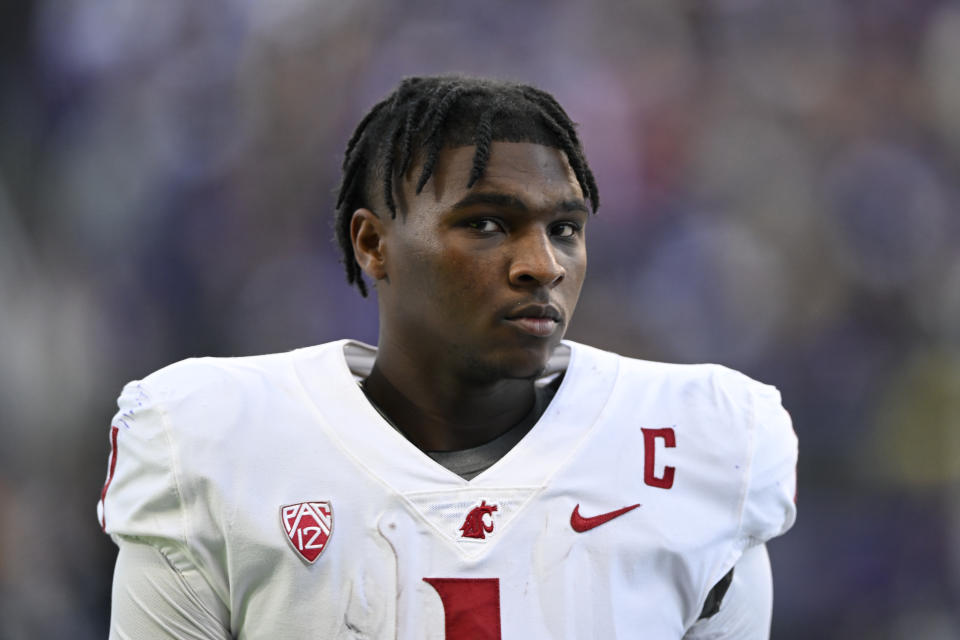 SEATTLE, WASHINGTON - NOVEMBER 25: Cameron Ward #1 of the Washington State Cougars looks on during the third quarter against the Washington State Cougars at Husky Stadium on November 25, 2023 in Seattle, Washington. The Washington Huskies won 24-21. (Photo by Alika Jenner/Getty Images)