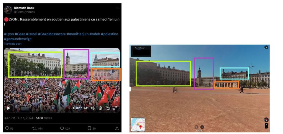 <span>Captures d'écran de la vidéo partagée et de la vue de la place Bellecour obtenue via Google Street View, prises le 10 juillet 2024. </span><div><span>Océane CAILLAT</span></div>
