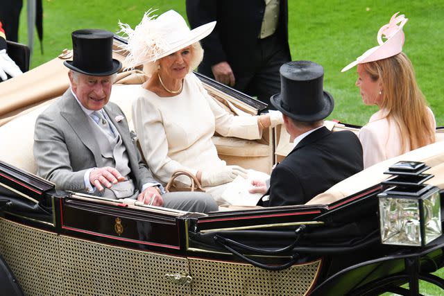 <p>Kirstin Sinclair/Getty for Royal Ascot</p> Charles and Camilla led the final Royal Procession for the 2023 Royal Ascot on Saturday