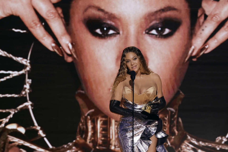 LOS ANGELES, CALIFORNIA - FEBRUARY 05: Beyoncé accepts the Best Dance/Electronic Music Album award for “Renaissance” onstage during the 65th GRAMMY Awards at Crypto.com Arena on February 05, 2023 in Los Angeles, California.   Kevin Winter/Getty Images for The Recording Academy/AFP (Photo by KEVIN WINTER / GETTY IMAGES NORTH AMERICA / Getty Images via AFP)
