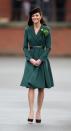 <p>For her first St Patrick’s Day appearance, the Duchess wore an Emilia Wickstead green coat dress that instantly landed on every woman’s wish-list. She teamed the jacket with a brown belt that cinched in her tiny waist and Jimmy Choo shoes. (Photo: PA) </p>