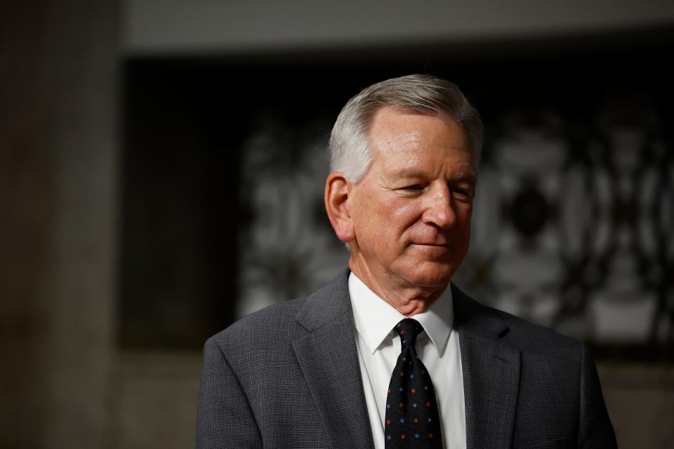 Senate Armed Services Committee member Sen. Tommy Tuberville (R-AL) prepares for U.S. Air Force Lieutenant General Timothy Haugh's confirmation hearing to be the next leader of the National Security Agency and U.S. Cyber Command in the Dirksen Senate Office Building on Capitol Hill on July 20, 2023 in Washington, DC.