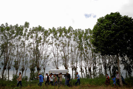 FILE PHOTO: Friends and family carry a coffin with the remains of Jakelin Caal, a 7-year-old girl Guatemalan girl who died after she and her father were detained by U.S. border agents, during her funeral in her home village of San Antonio Secortez, Guatemala December 25, 2018. REUTERS/Carlos Barria/File Photo