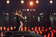 LONDON, ENGLAND - AUGUST 12: Victoria Beckham of the Spice Girls performs during the Closing Ceremony on Day 16 of the London 2012 Olympic Games at Olympic Stadium on August 12, 2012 in London, England. (Photo by Hannah Johnston/Getty Images)
