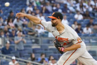 Baltimore Orioles pitcher Jorge Lopez delivers in the first inning of a baseball game against the New York Yankees, Monday, Aug. 2, 2021, in New York. (AP Photo/Mary Altaffer)