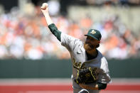 Oakland Athletics starting pitcher Paul Blackburn throws during the first inning of a baseball game against the Baltimore Orioles, Sunday, April 28, 2024, in Baltimore. (AP Photo/Nick Wass)