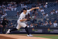 New York Yankees pitcher Carlos Rodon delivers in the first inning of a baseball game against the Miami Marlins, Tuesday, April 9, 2024, in New York. (AP Photo/Peter K. Afriyie)