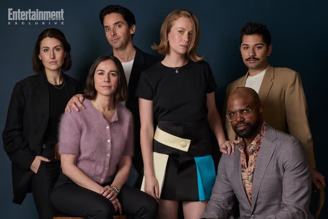 <p>JSquared Photography/NBCUniversal</p> 'Hacks' co-showrunners Jen Statsky and Lucia Aniello, co-showrunner/star Paul W. Downs, and stars Hannah Einbinder, Carl Clemons-Hopkins, and Mark Indelicato