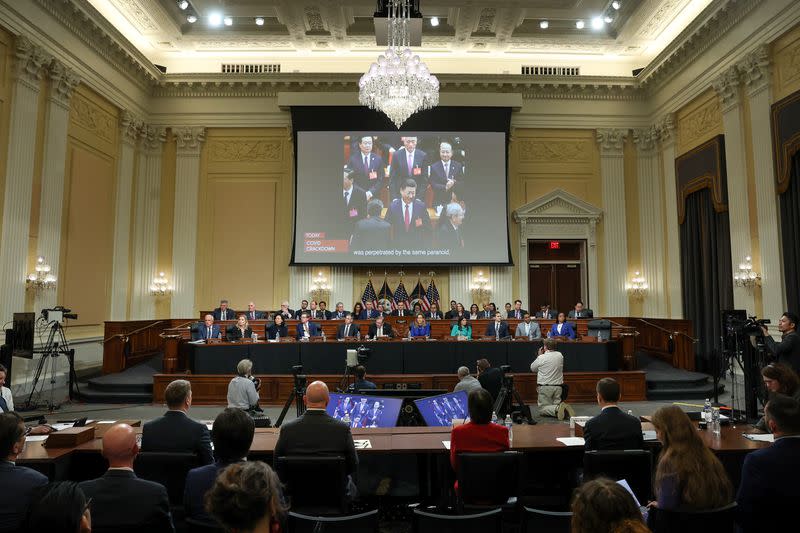 WASHINGTON, DC - FEBRUARY 28: A video on the Chinese Communist Party is played during a hearing of the U.S. House Select Committee on Strategic Competition between the United States and the Chinese Communist Party, at the Cannon House Office Building on February 28, 2023 in Washington, DC. The committee is investigating economic, technological and security competition between the U.S. and China. (Photo by Kevin Dietsch/Getty Images)<cite class="op-small">Kevin Dietsch</cite>