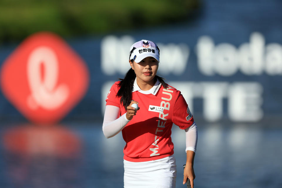 Yu Jin Sung of Korea reacts after her putt on the 18th hole as she finishes the third round of the Lotte Championship presented by Hoakalei at Hoakalei Country Club on April 14, 2023 in Ewa Beach, Hawaii. (Photo by Sean M. Haffey/Getty Images)