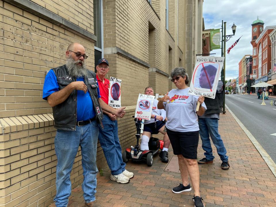 Virginia School for the Deaf and the Blind alumni and students protest to remove Pat Trice outside their community center in downtown Staunton on Saturday, June 24, 2023.