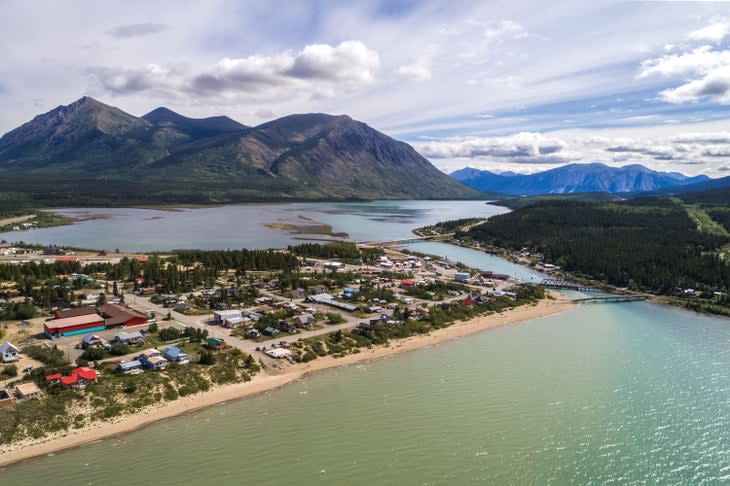 The town of Carcross on Bennett Lake with Nares Mountain in the distance, Yukon Territory, Canada.