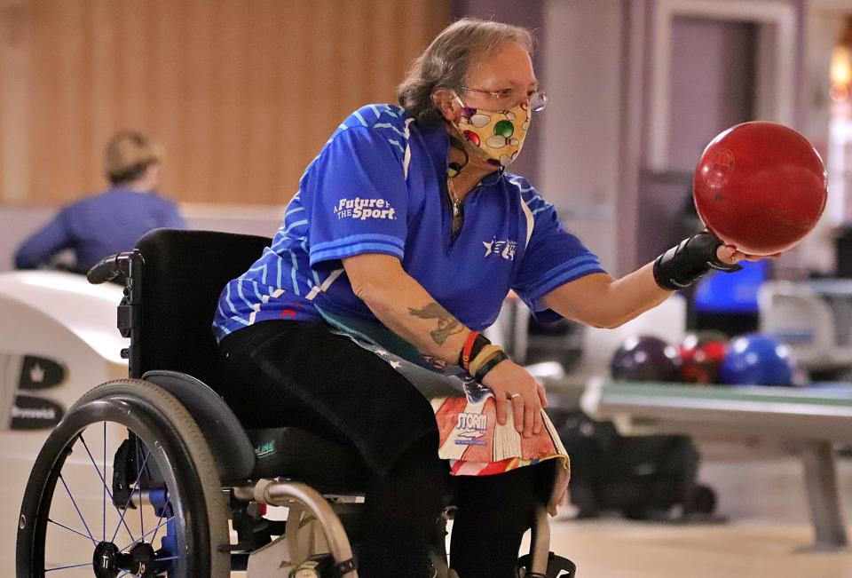 Debra Freed, of Framingham, who participated in a recent International Bowling Tournament in Dubai, practices at Westgate Lanes in Brockton on Tuesday, Jan. 4, 2022.