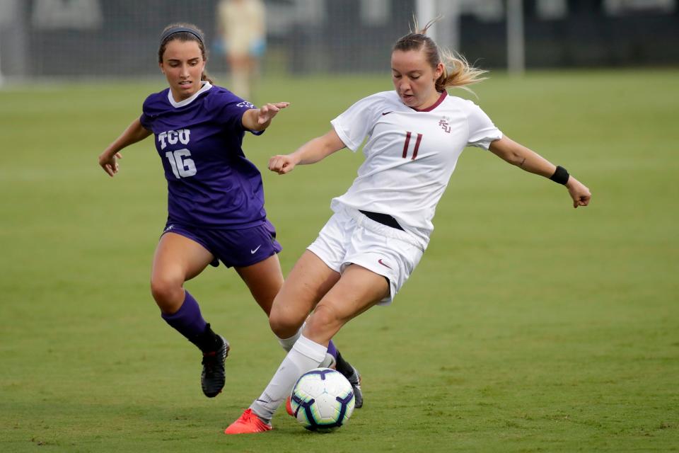 Florida State Seminoles midfielder Gloriana Villalobos (11) drives the ball down towards the goal as the Seminoles played the Texas Christian Horned Frogs during their first home game of the season Thursday, Aug. 22, 2019. 