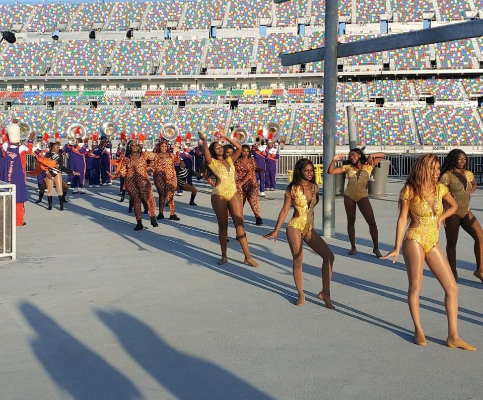 The Edward Waters College marching band are down from Jacksonville to take part in prerace festivities. They were getting in some rehearsal Sunday morning atop the garage fan deck.