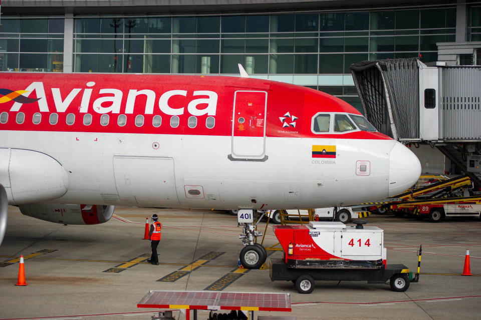 A plane of the airliner Avianca sits at el Dorado Airport after five months of inactivity El Dorado International Airport prepares with biosecurity measures to prevent the spread of the Novel Coronavirus to resume activities on september first with 14 diferent domesitc routes in Bogota, Colombia on August 31, 2020. Avianca declared bankrupsy back in march 2020 when the Coronavirus Pandemic grounded flights across Colombia, now government of president Ivan Duque announced a lease of 370 million dollars to the airliner to rescue it from going bankrupt. (Photo by Sebastian Barros/NurPhoto via Getty Images)