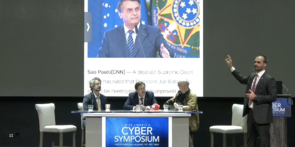 Mike Lindell Eduardo Bolsonaro Steve Bannon at cyber symposium in South Dakota
