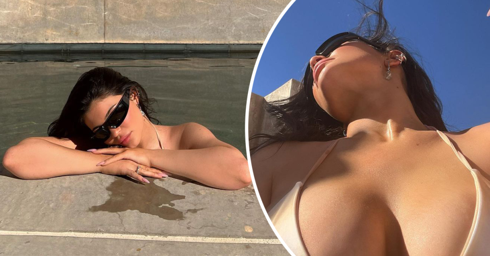 On the left, Kylie Jenner poses in a pool. On the right, Kylie Jenner poses in a bikini.