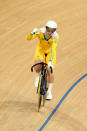 LONDON, ENGLAND - AUGUST 07: Shane Perkins of Australia celebrates qualifying after the Men's Keirin Track Cycling Second Round on Day 11 of the London 2012 Olympic Games at Velodrome on August 7, 2012 in London, England. (Photo by Clive Brunskill/Getty Images)