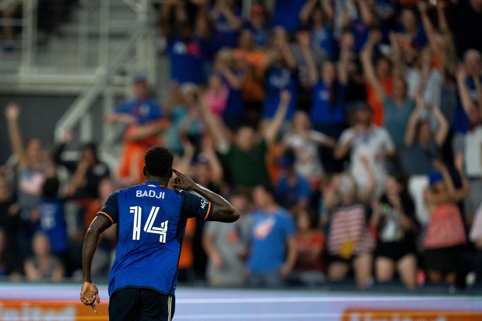 FC Cincinnati forward Dominique Badji (14) performed one of his best games of the season for the orange and blue.  Badji scored two goals in the 2-2 draw against the New England Revolution on Saturday, July 1, at TQL Stadium.  (Credit: Albert Cesare/The Enquirer)