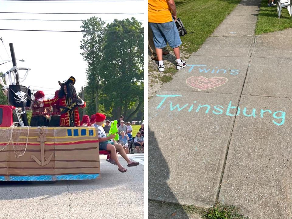 On left, a Peter Pan-themed festival float. On right, "Twins Heart Twinsburg" written in chalk.