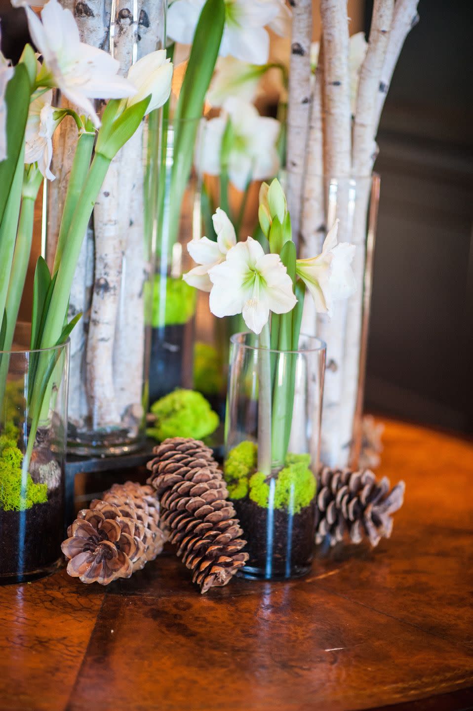 <p>While you may not actually make it outside for, say, a sleigh ride through the frosted woods, you can still include the outdoor charms of the season in your centerpiece. Arrange classic white flowers in vases, but cushion with strewn pinecones and separate vases filled with sticks and branches. </p><p><em>Via </em><em><a href="http://www.decorationinc.com" rel="nofollow noopener" target="_blank" data-ylk="slk:Decoration Inc.;elm:context_link;itc:0;sec:content-canvas" class="link ">Decoration Inc.</a></em></p>