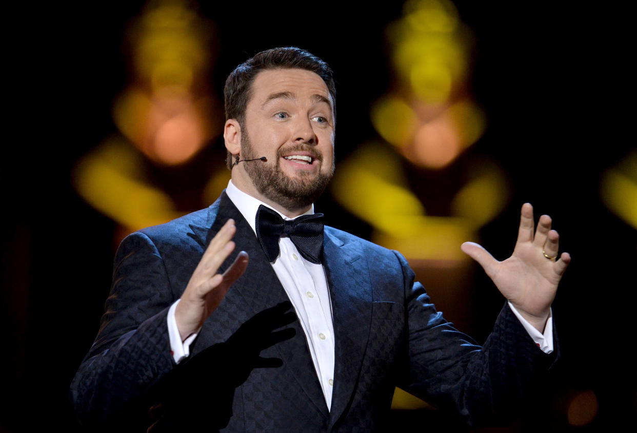 LONDON, ENGLAND - APRIL 07:  Host Jason Manford on stage during The Olivier Awards 2019 with Mastercard at the Royal Albert Hall on April 07, 2019 in London, England. (Photo by Jeff Spicer/Getty Images)